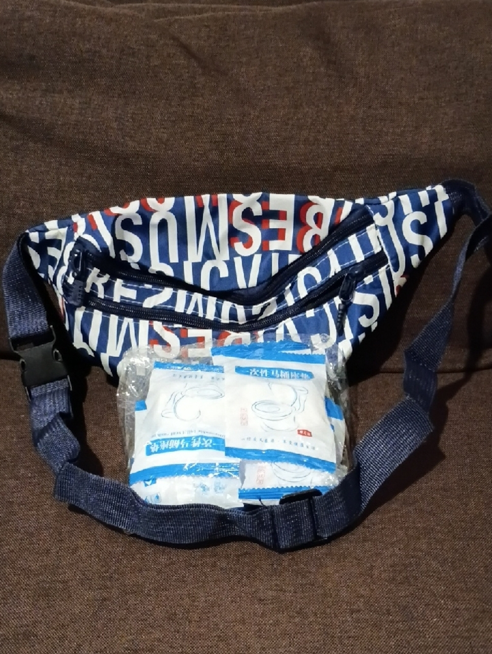 Navy Letter-Print Waist Bag With Toilet Seat Cover Cushions New